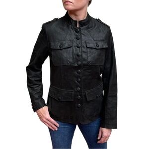 TWIGGY LEATHER MILITARY STYLE BAND BUTTON DOWN METALLIC BLACK RETRO JACKET